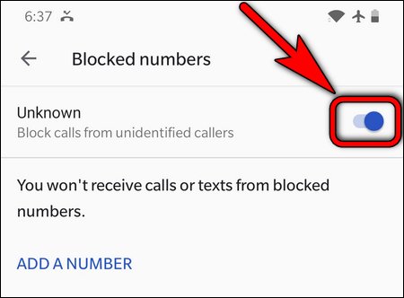 Smartphone screen showing number 1208530299 being blocked