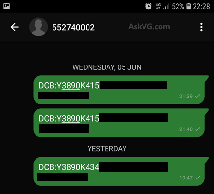 SMS message displaying 1614640730 as sender or code