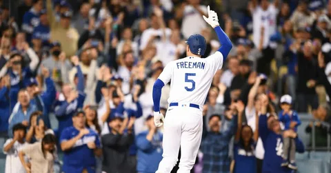 Freddie Freeman swinging bat in Dodgers vs Giants matchup
