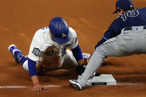 Mookie Betts slides into second during Giants vs Dodgers game