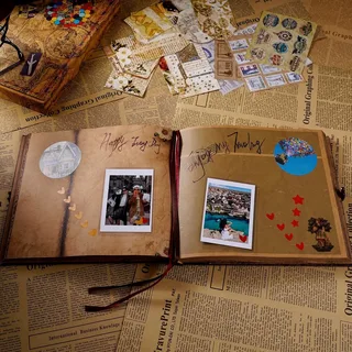 A travel photo album with notes and souvenirs