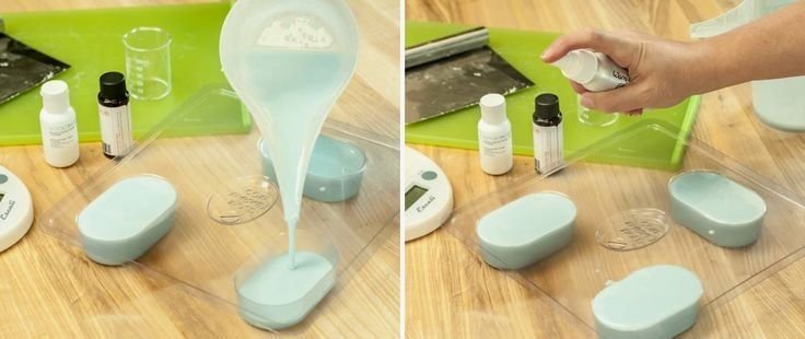 soaper pouring soap mixture into rectangular silicone mold