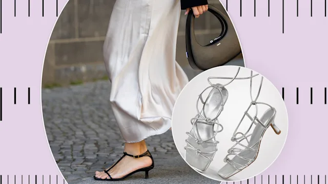 Nude T-strap heels styled for an outdoor wedding guest