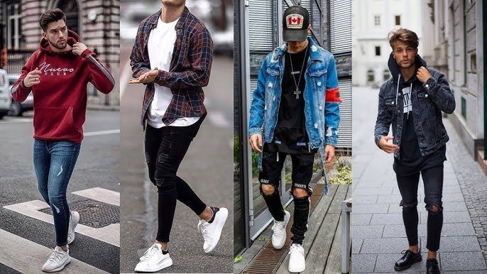 Stylish man wearing casual street style with layered hoodie, sneakers, and accessories