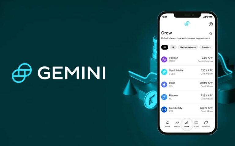 Gemini exchange platform displaying token listings and trading interface